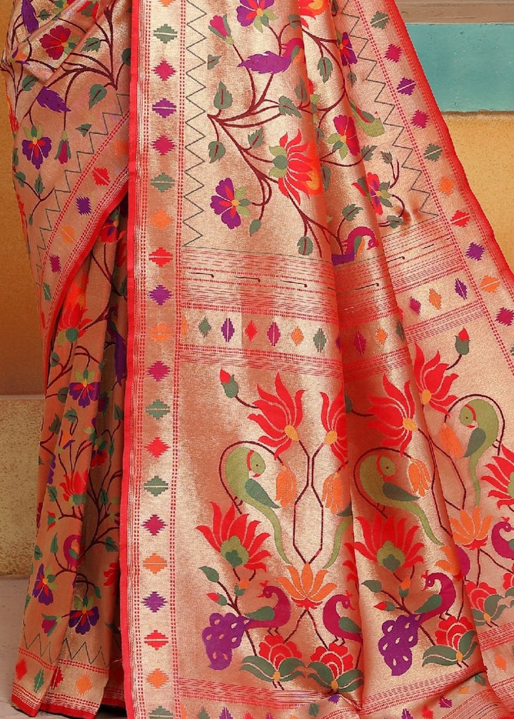 Cherry Red and Golden Blend Pure Paithani Silk Saree