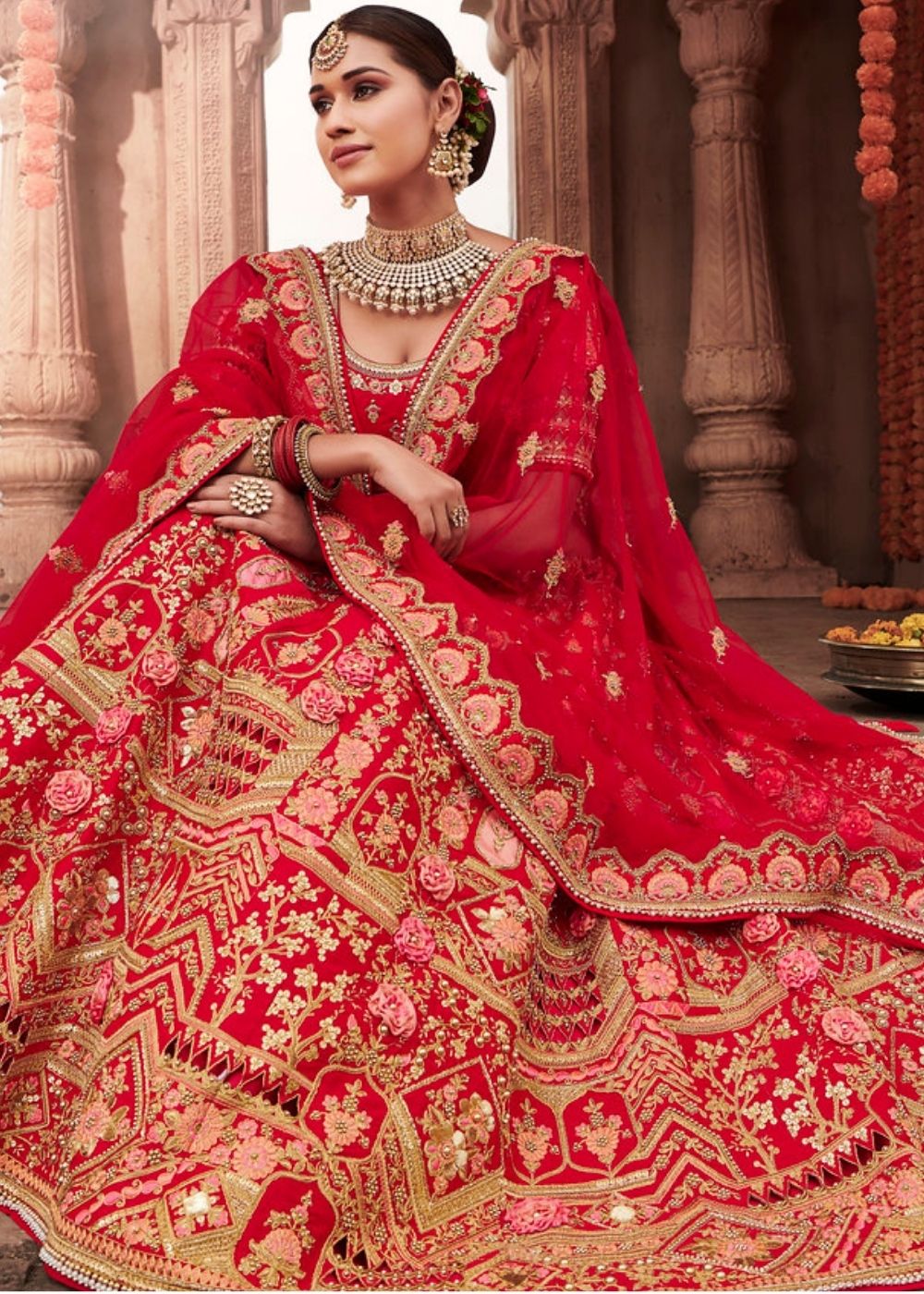 Crimson Red Silk Bridal Lehenga Choli with Heavy Thread Embroidery and Stone work