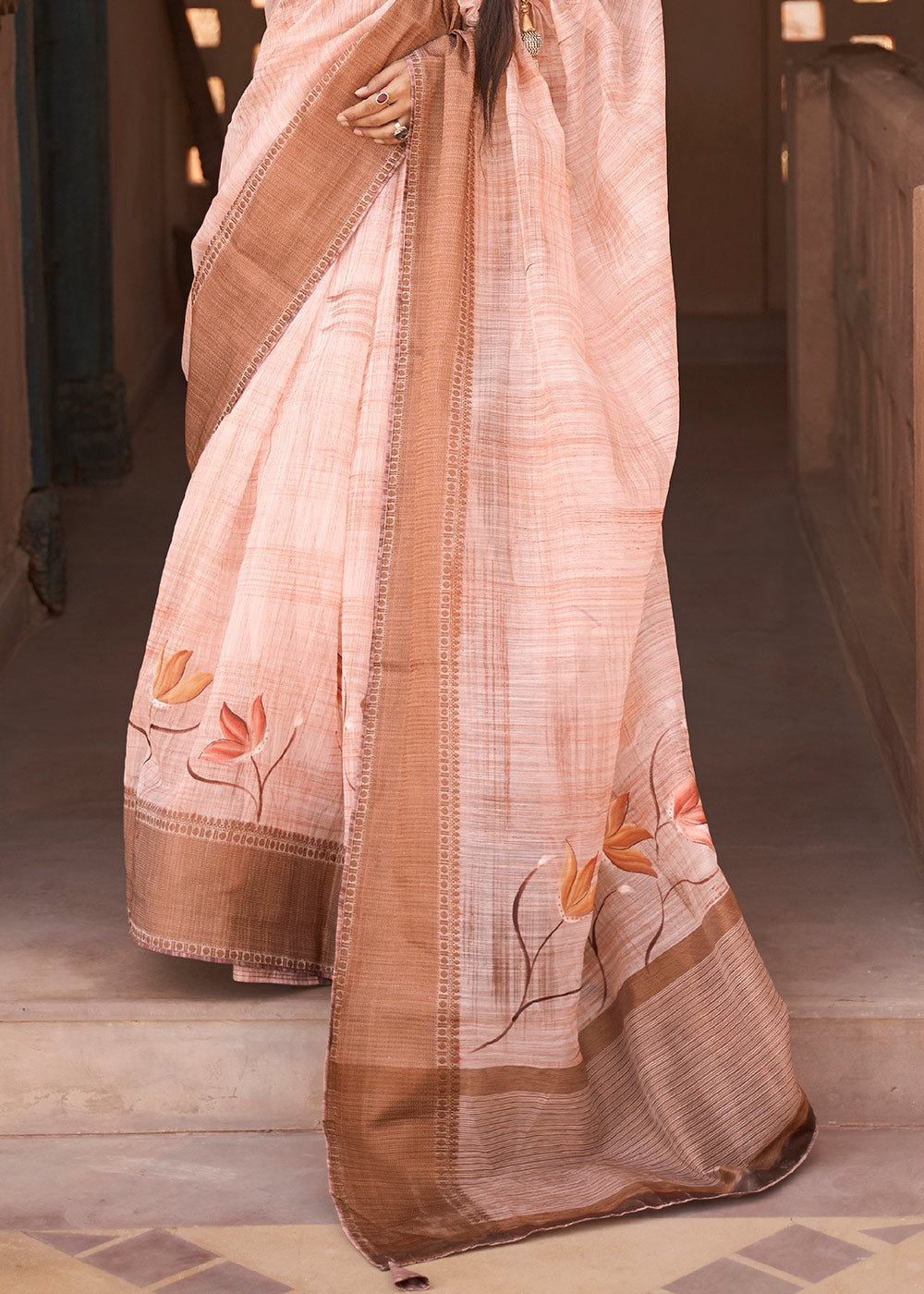 Shades Of Brown Floral Printed Kora Silk Saree