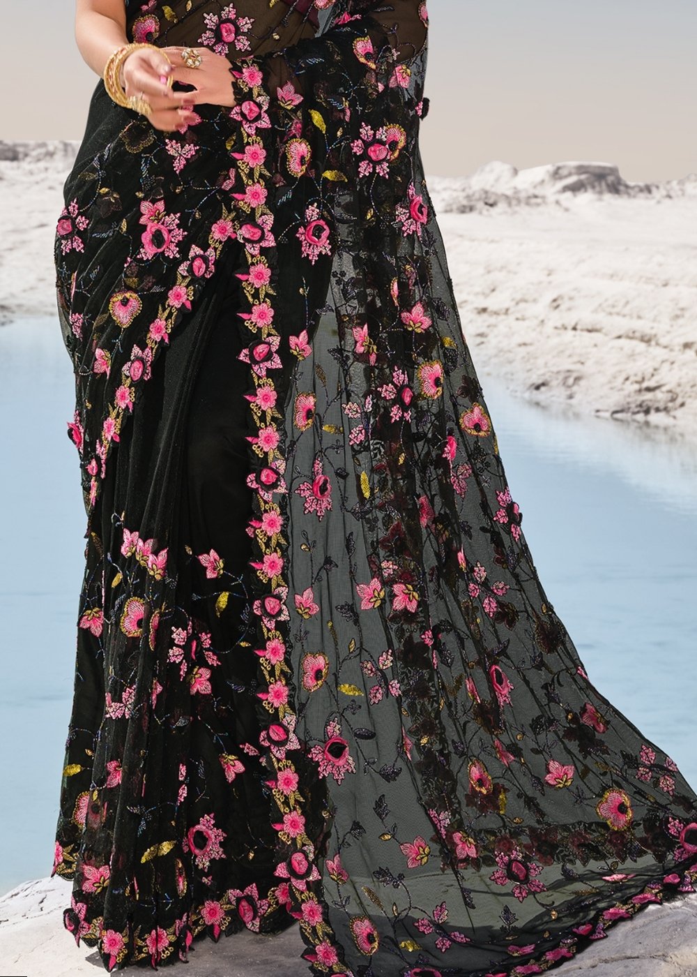 Pitch Black Designer Net Saree with Hand-Made Flower,Moti & Cut-Dana work
