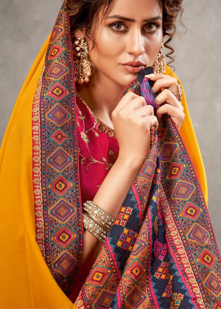 Golden Yellow Satin Silk Saree with Zari & Sequins Embroidery