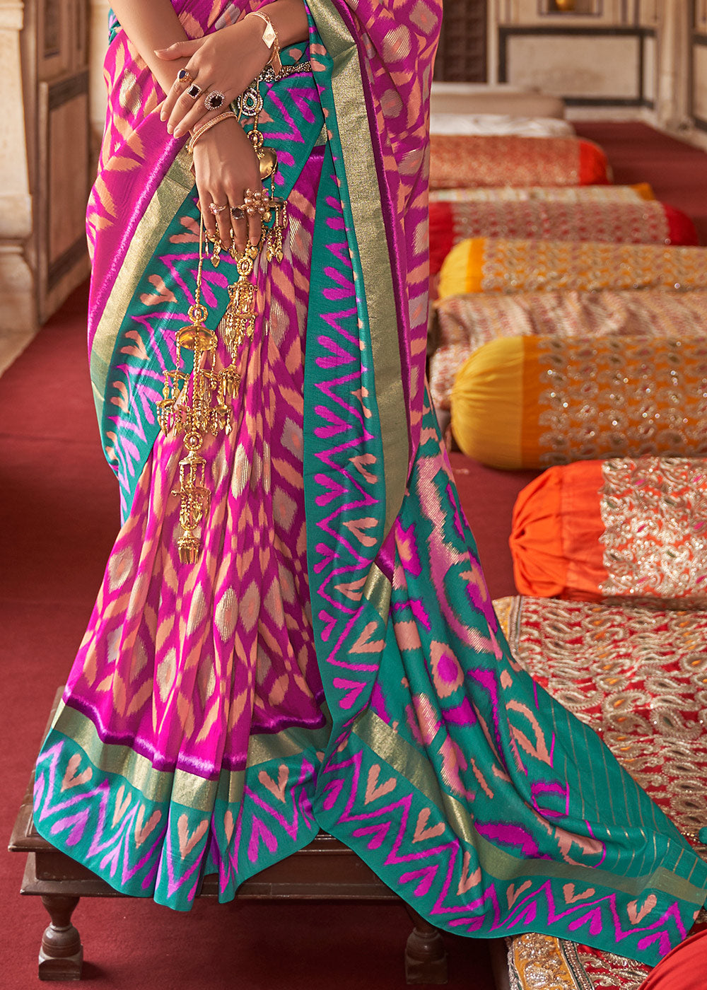 Pink & Blue Printed Patola Dola Silk Saree with Zari Border