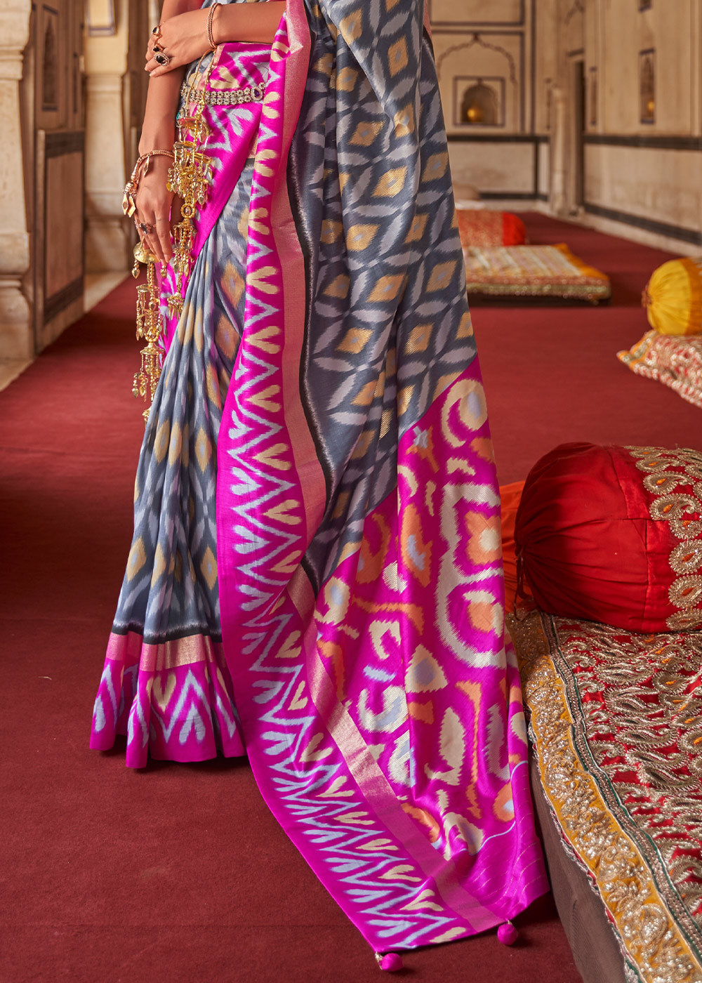 Grey & Pink Printed Patola Dola Silk Saree with Zari Border