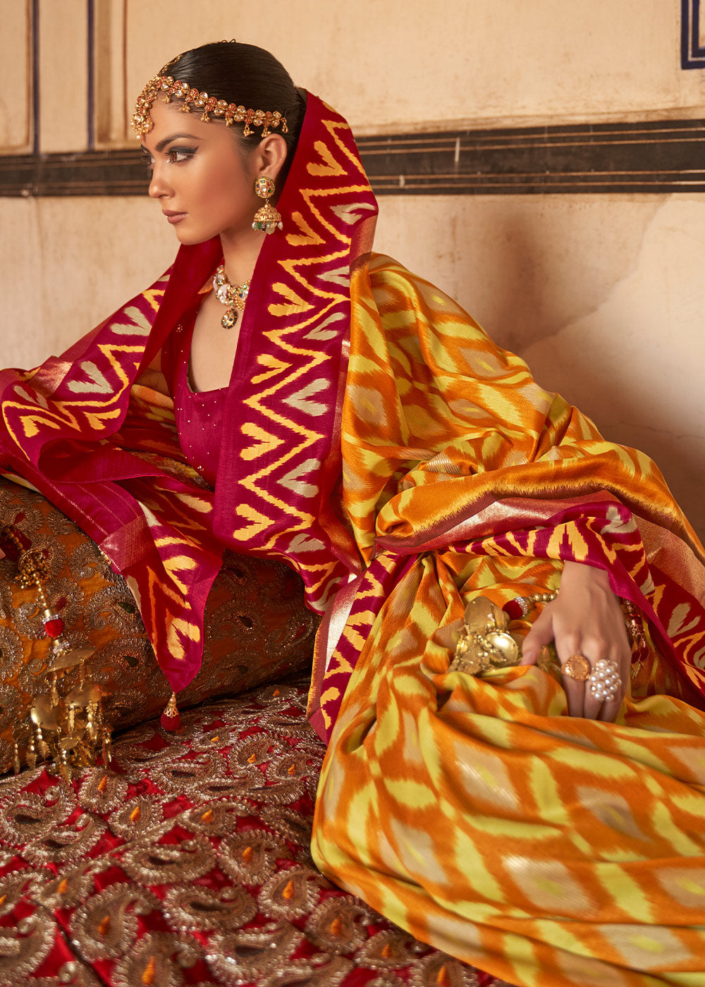 Yellow & Red Printed Patola Dola Silk Saree with Zari Border