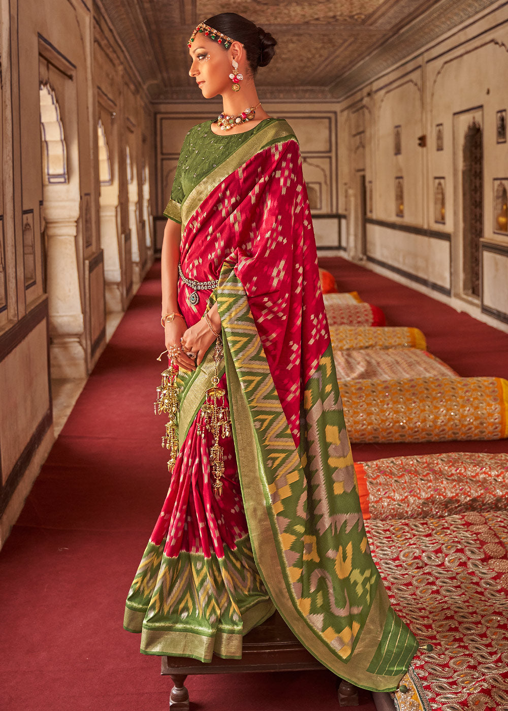 Green & Red Printed Patola Dola Silk Saree with Zari Border