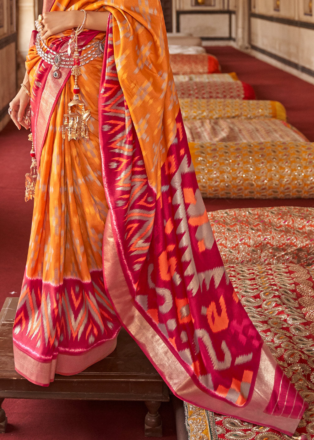 Orange & Pink Printed Patola Dola Silk Saree with Zari Border