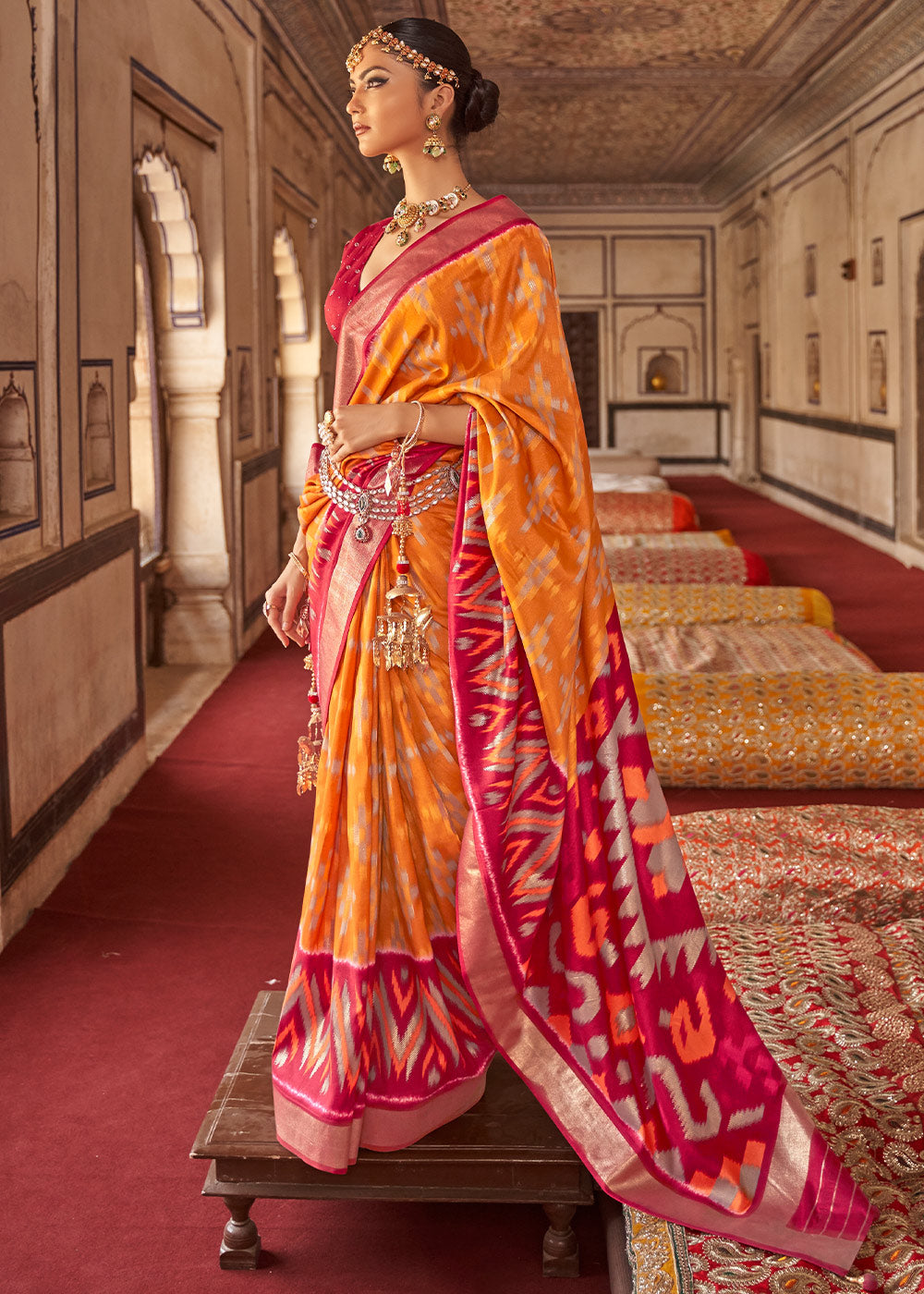 Orange & Pink Printed Patola Dola Silk Saree with Zari Border