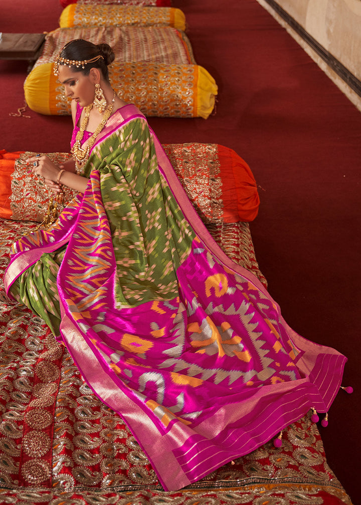 Green & Pink Printed Patola Dola Silk Saree with Zari Border