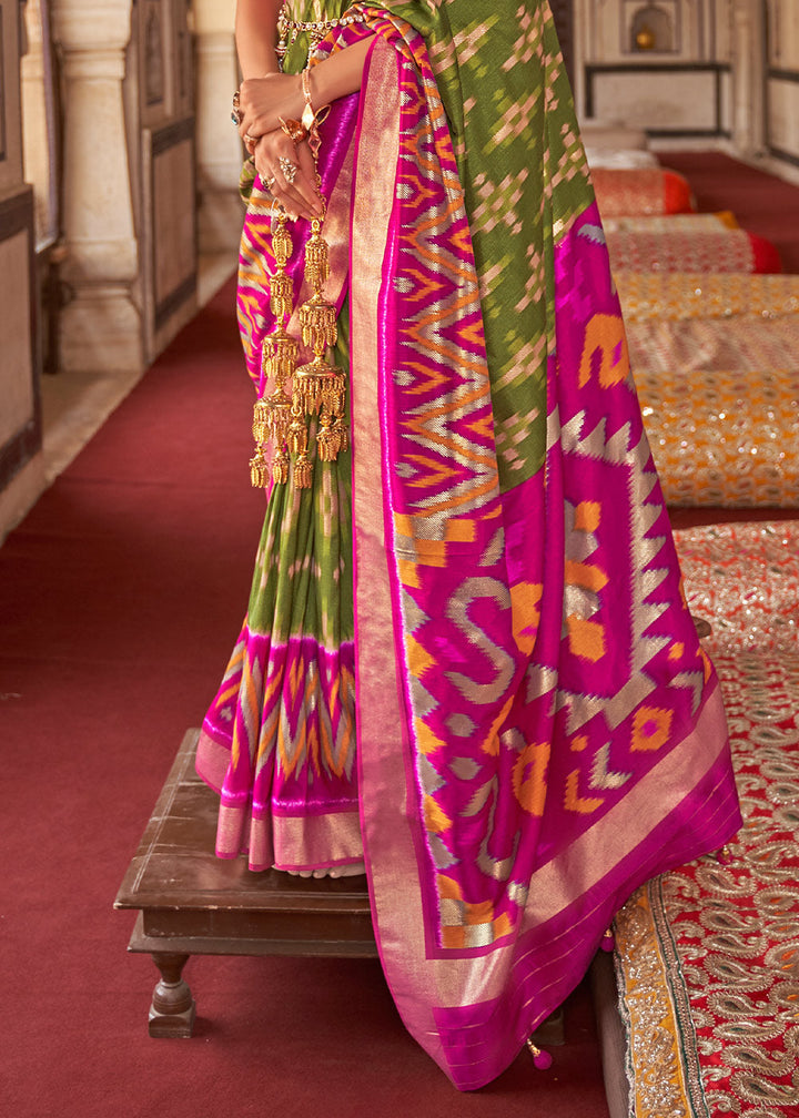 Green & Pink Printed Patola Dola Silk Saree with Zari Border