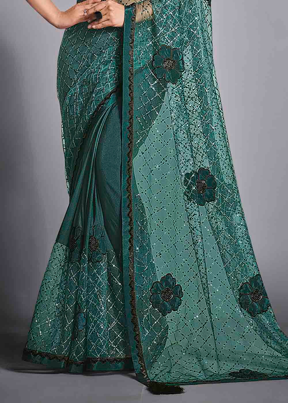 Teal Green Designer Lycra Saree with Sequins Embroidery & Applique work
