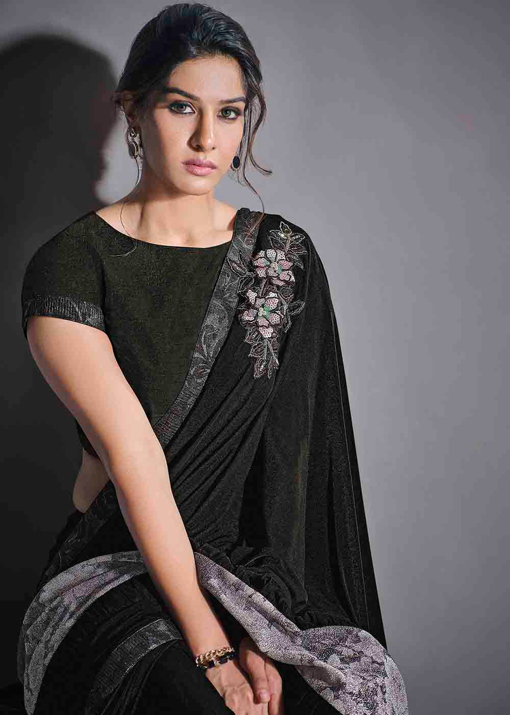 Onyx Black Designer Lycra Saree with Multi-Colored Sequins Embroidery & Handwork Butta
