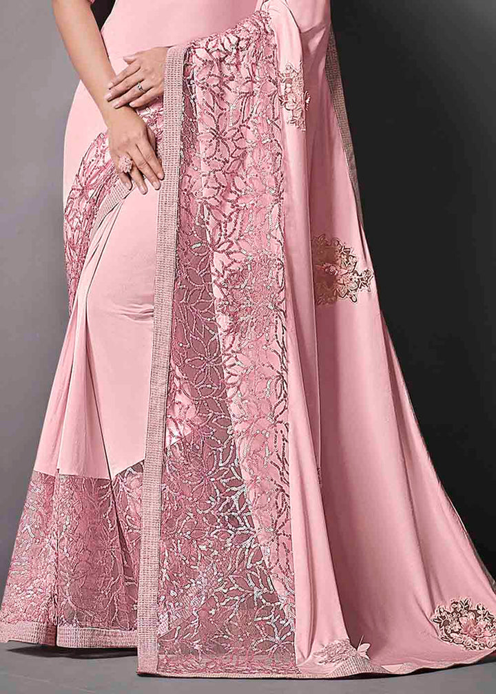 Flamingo Pink Designer Lycra Saree with Sequins Embroidery & Applique work