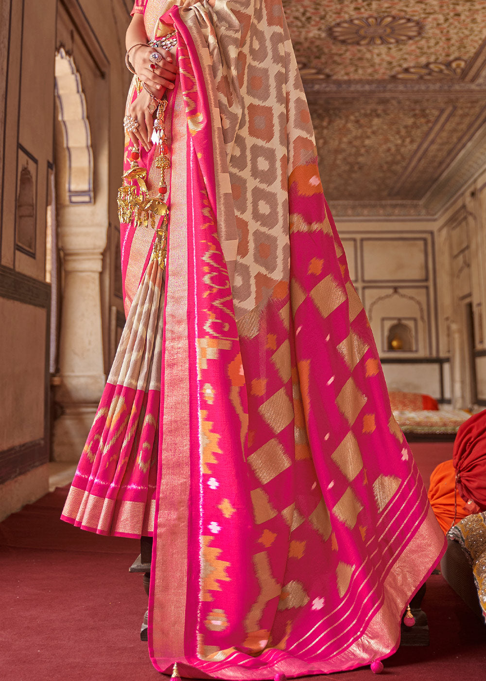 White & Pink Printed Patola Dola Silk Saree with Zari Border