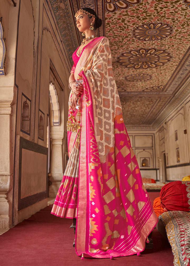 White & Pink Printed Patola Dola Silk Saree with Zari Border