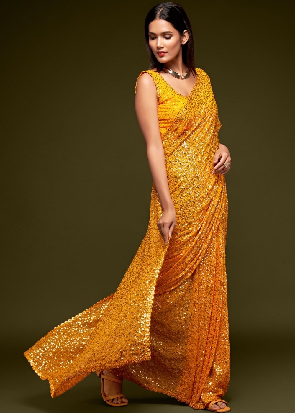 Golden Yellow Sequins & Thread Embroidered Designer Georgette Saree