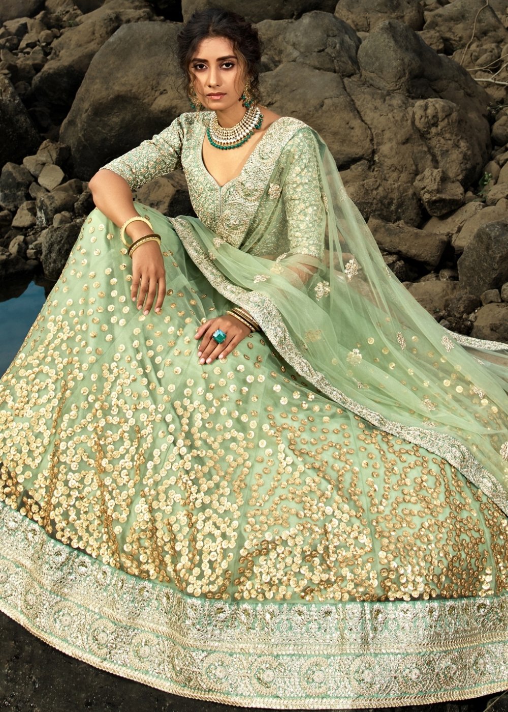 Emerald Green Designer Soft Net Lehenga Choli with Sequins & Dori work