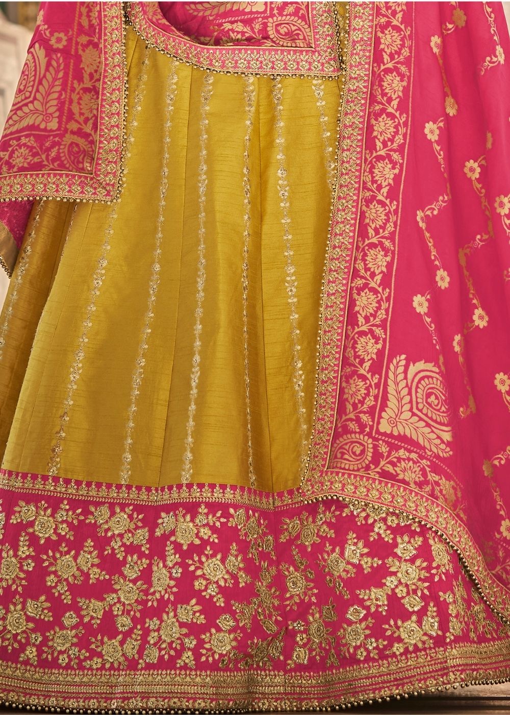 Pineapple Yellow Handloom Silk Lehenga with Zari Embroidered and Moti work