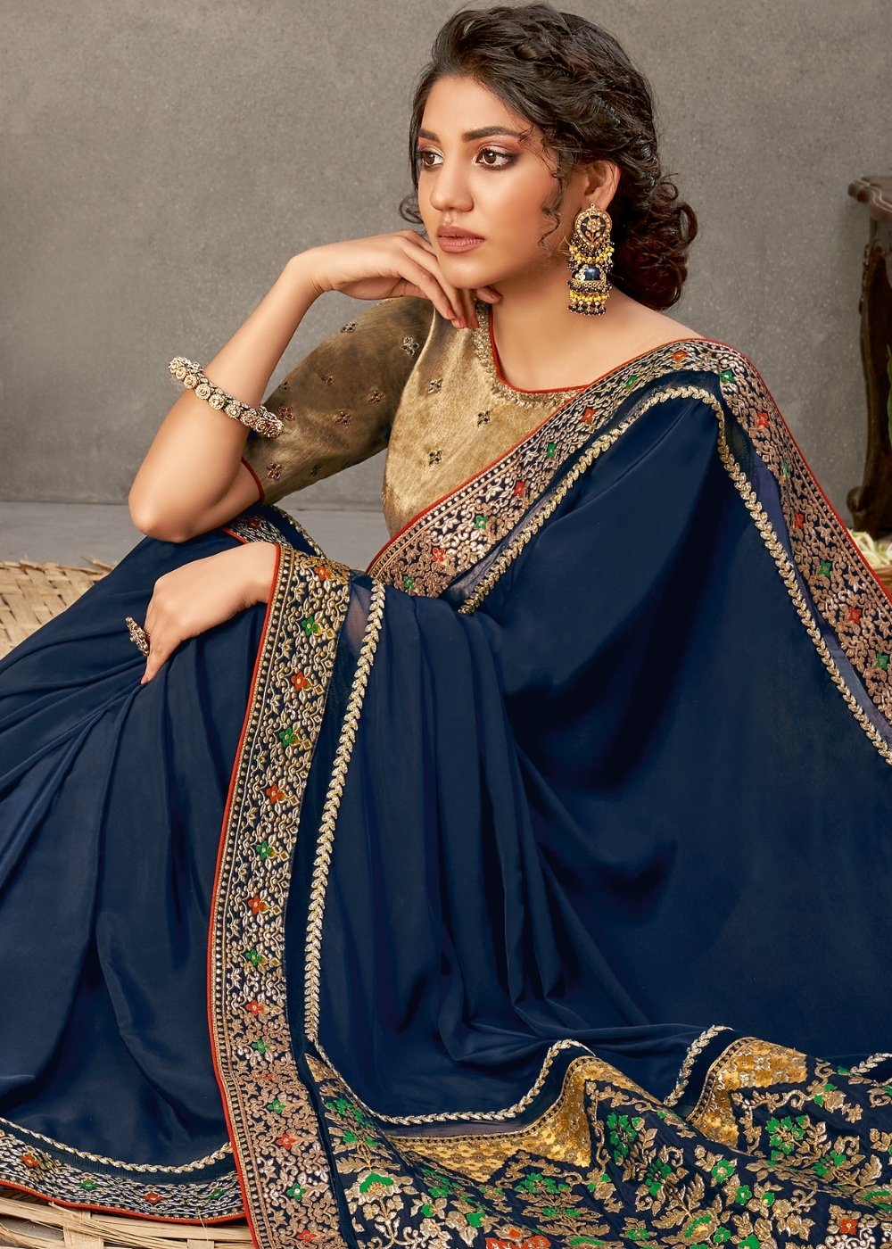 Navy Blue Satin Silk Saree with Thread & Cord Embroidery