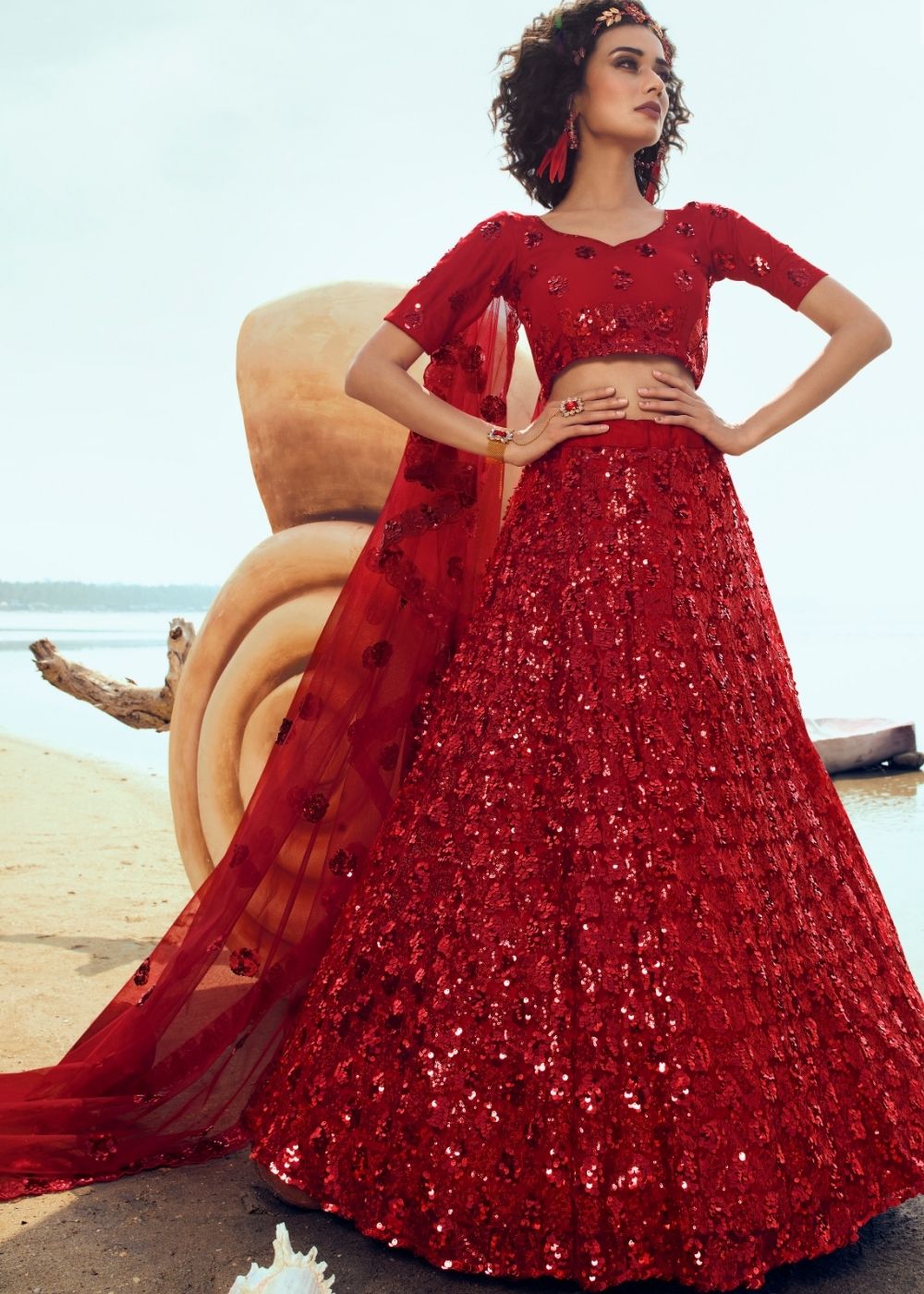 Candy Red Soft Net Designer Lehenga Choli with overall Sequins work
