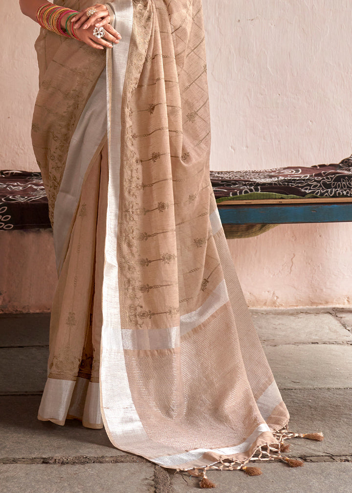 Fawn Brown Floral Embroidered Linen Saree