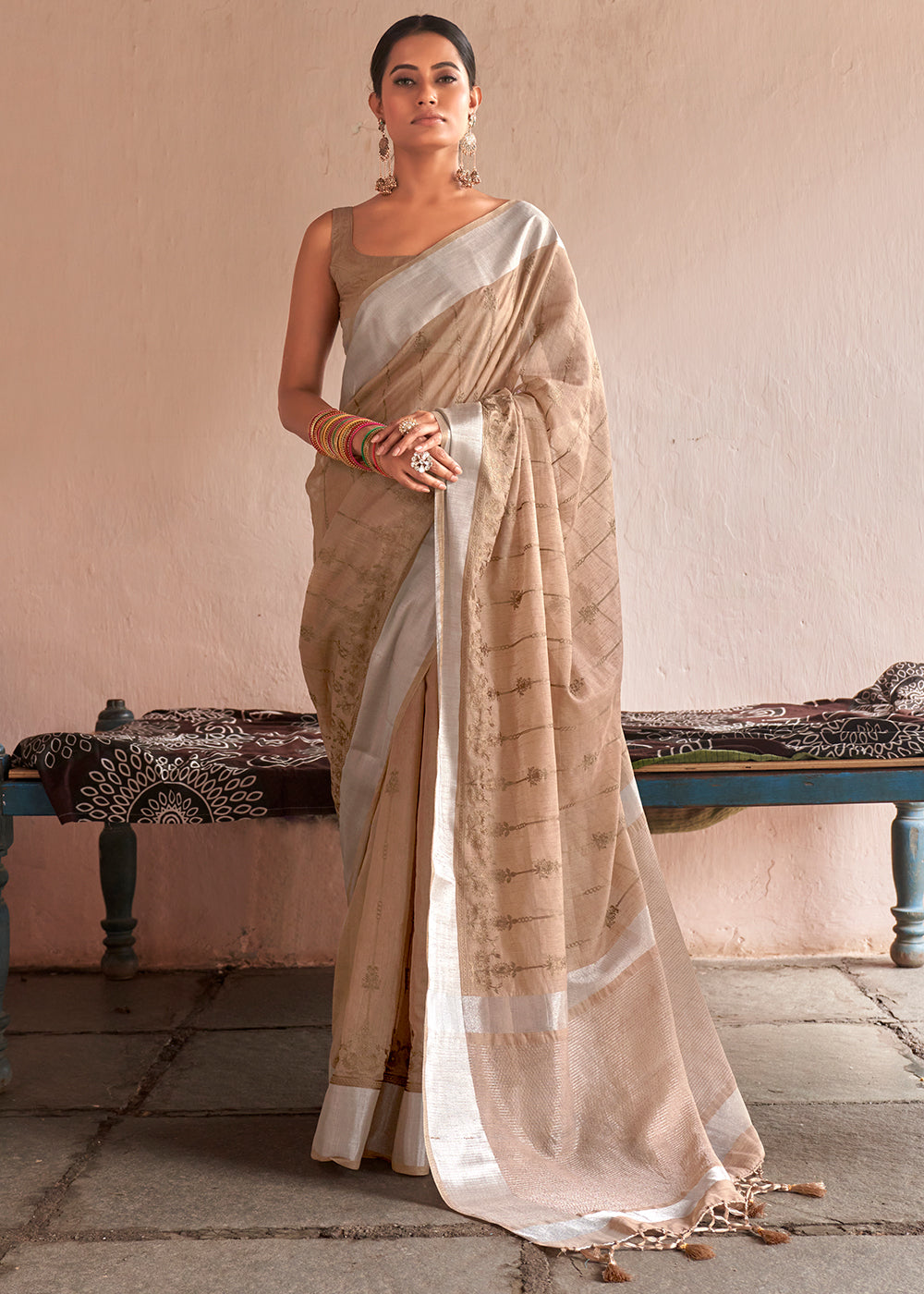 Fawn Brown Floral Embroidered Linen Saree