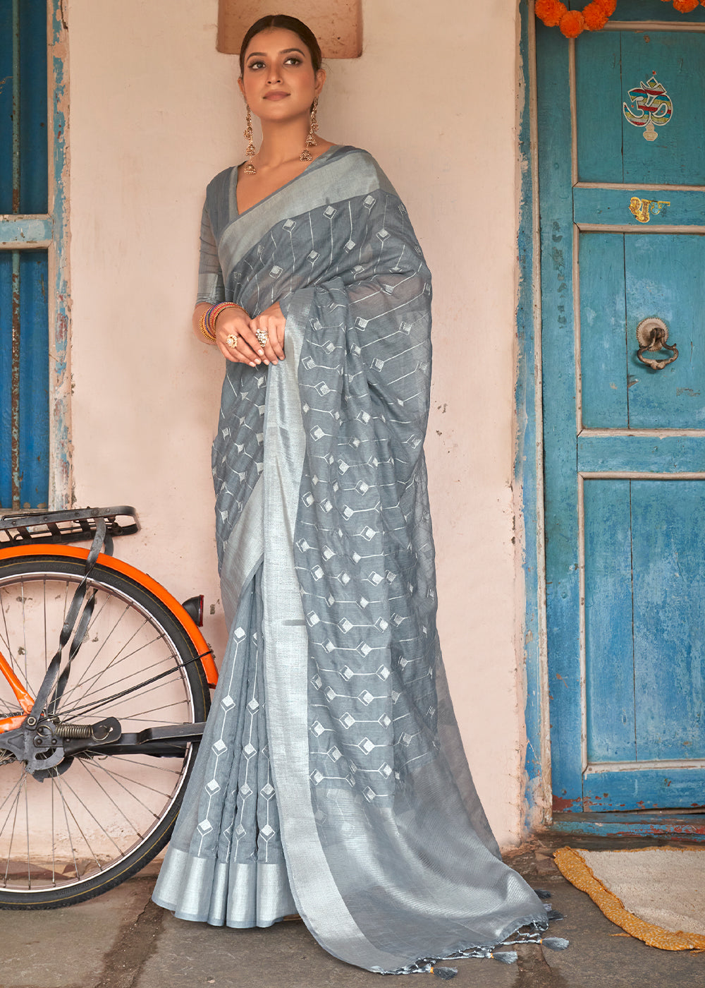 Steel Grey Floral Embroidered Linen Saree