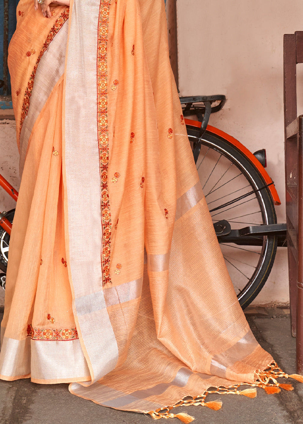 Amber Orange Floral Embroidered Linen Saree