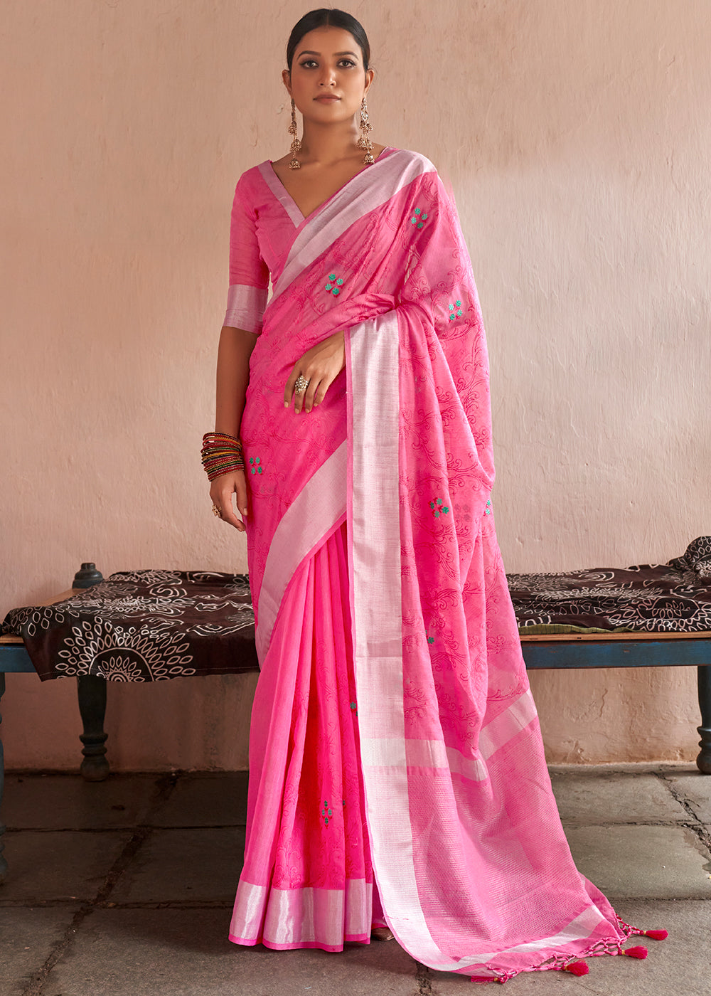 Hot Pink Floral Embroidered Linen Saree