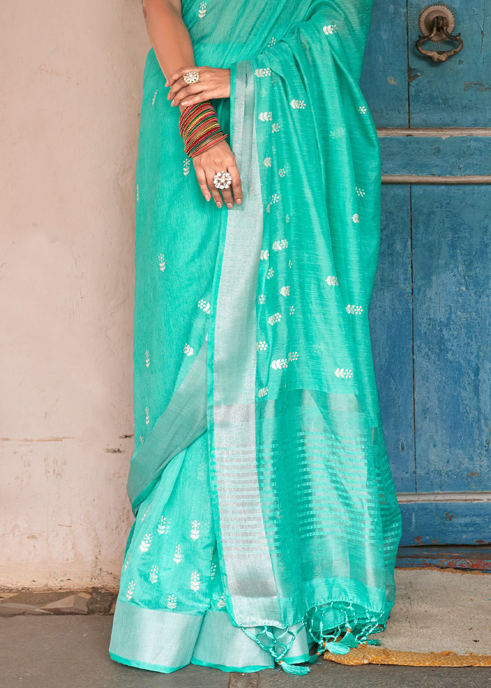 Turquoise Green Floral Embroidered Linen Saree