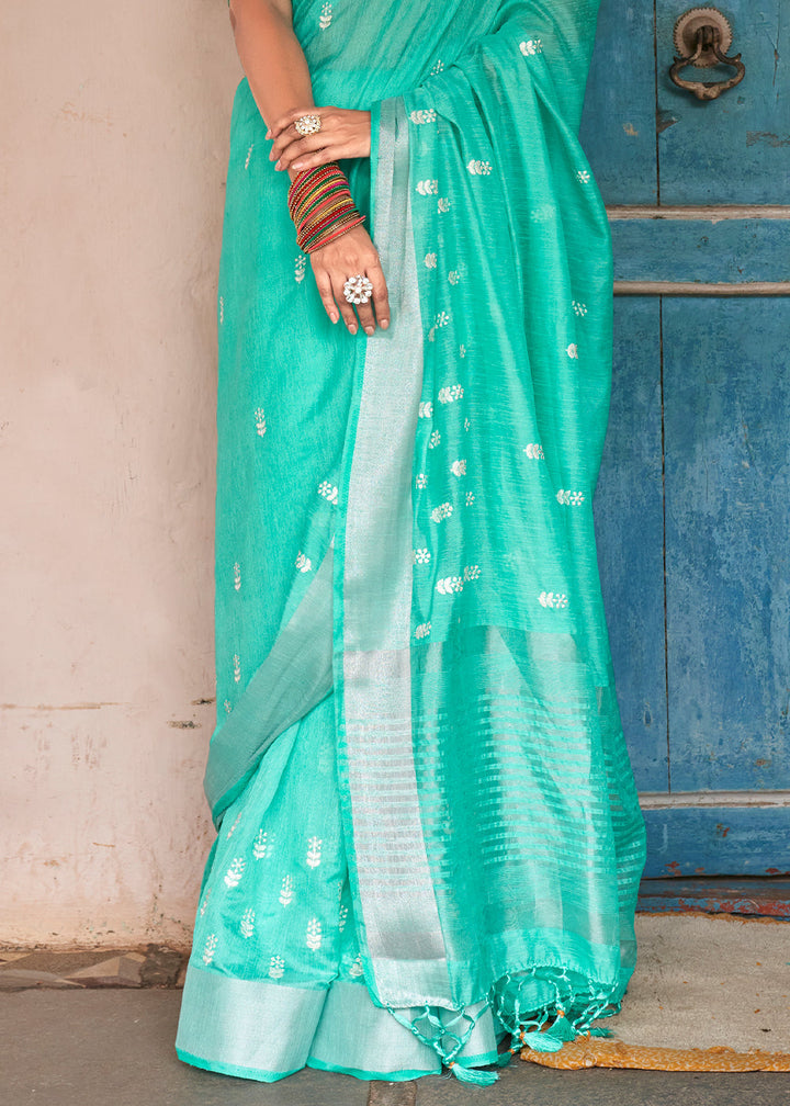 Turquoise Green Floral Embroidered Linen Saree