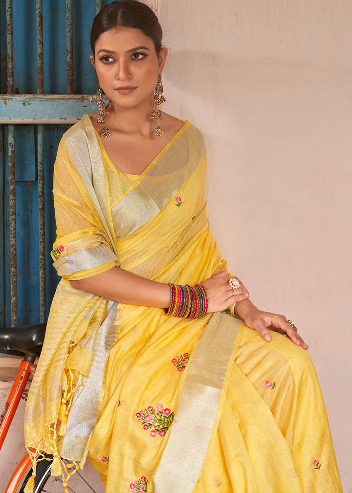 Aureolin Yellow Floral Embroidered Linen Saree