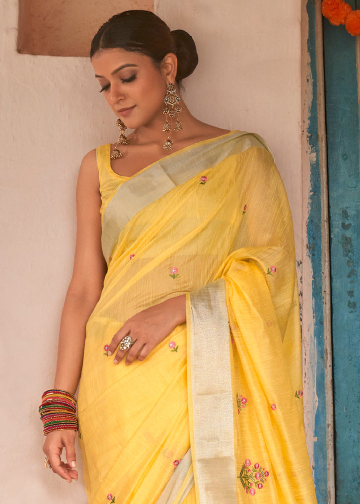 Aureolin Yellow Floral Embroidered Linen Saree
