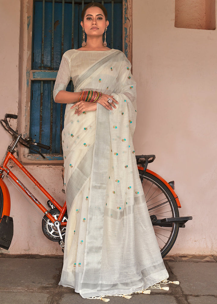 Rice White Floral Embroidered Linen Saree