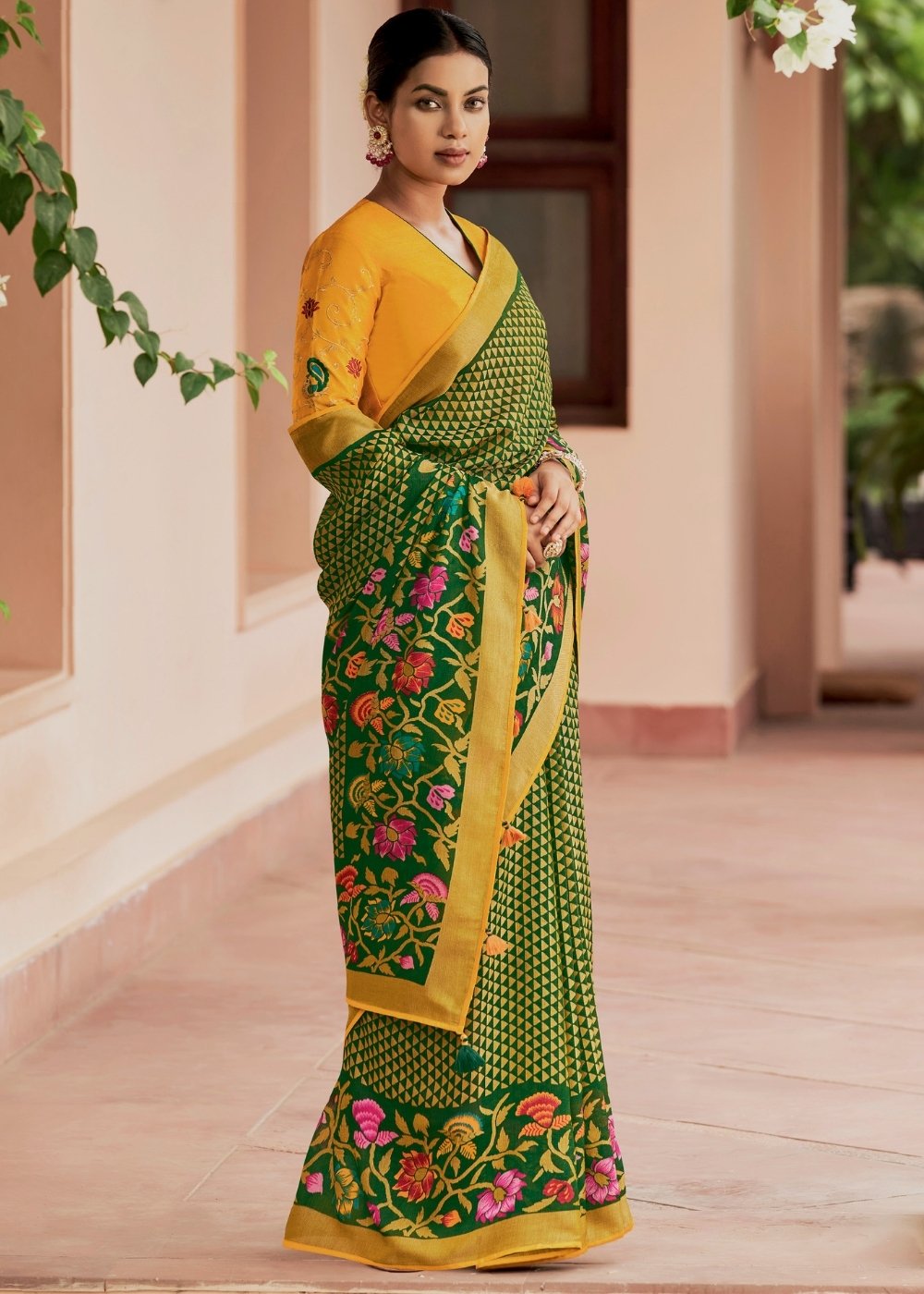 Yellow & Green Soft Silk Saree with Embroidered Blouse