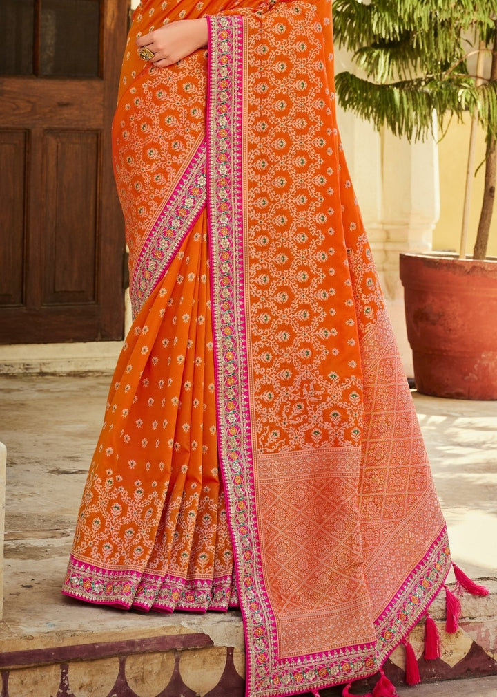 Rust Orange Woven Banarasi Silk Saree with Embroidered Blouse