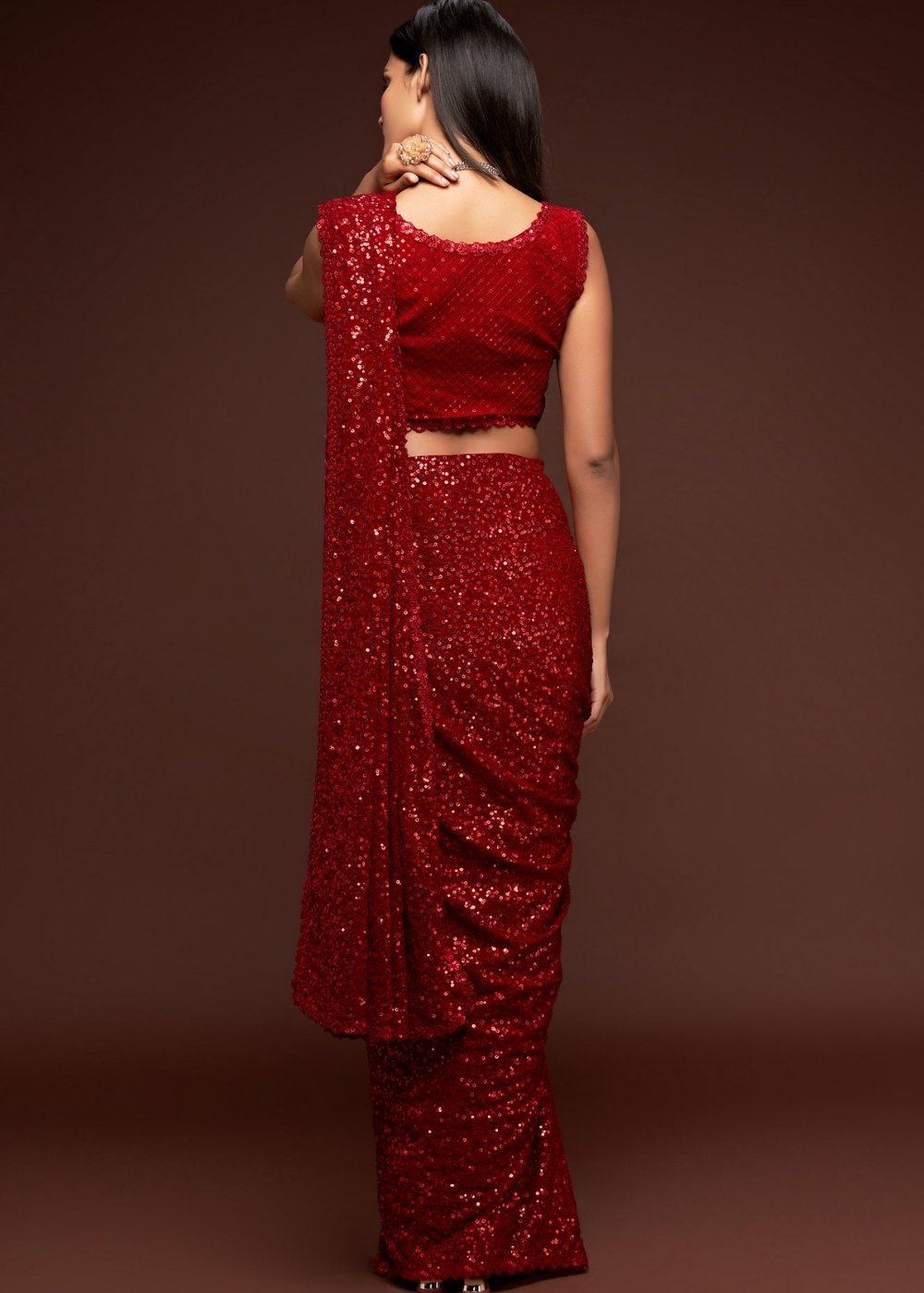 Scarlet Red Sequins & Thread Embroidered Designer Georgette Saree
