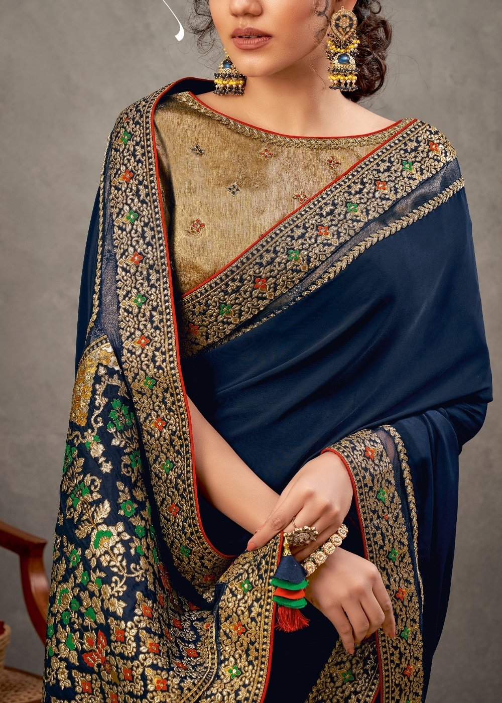 Navy Blue Satin Silk Saree with Thread & Cord Embroidery