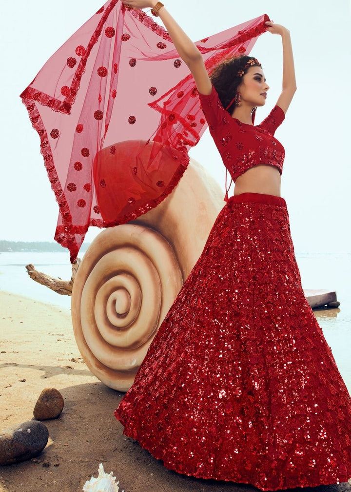 Candy Red Soft Net Designer Lehenga Choli with overall Sequins work