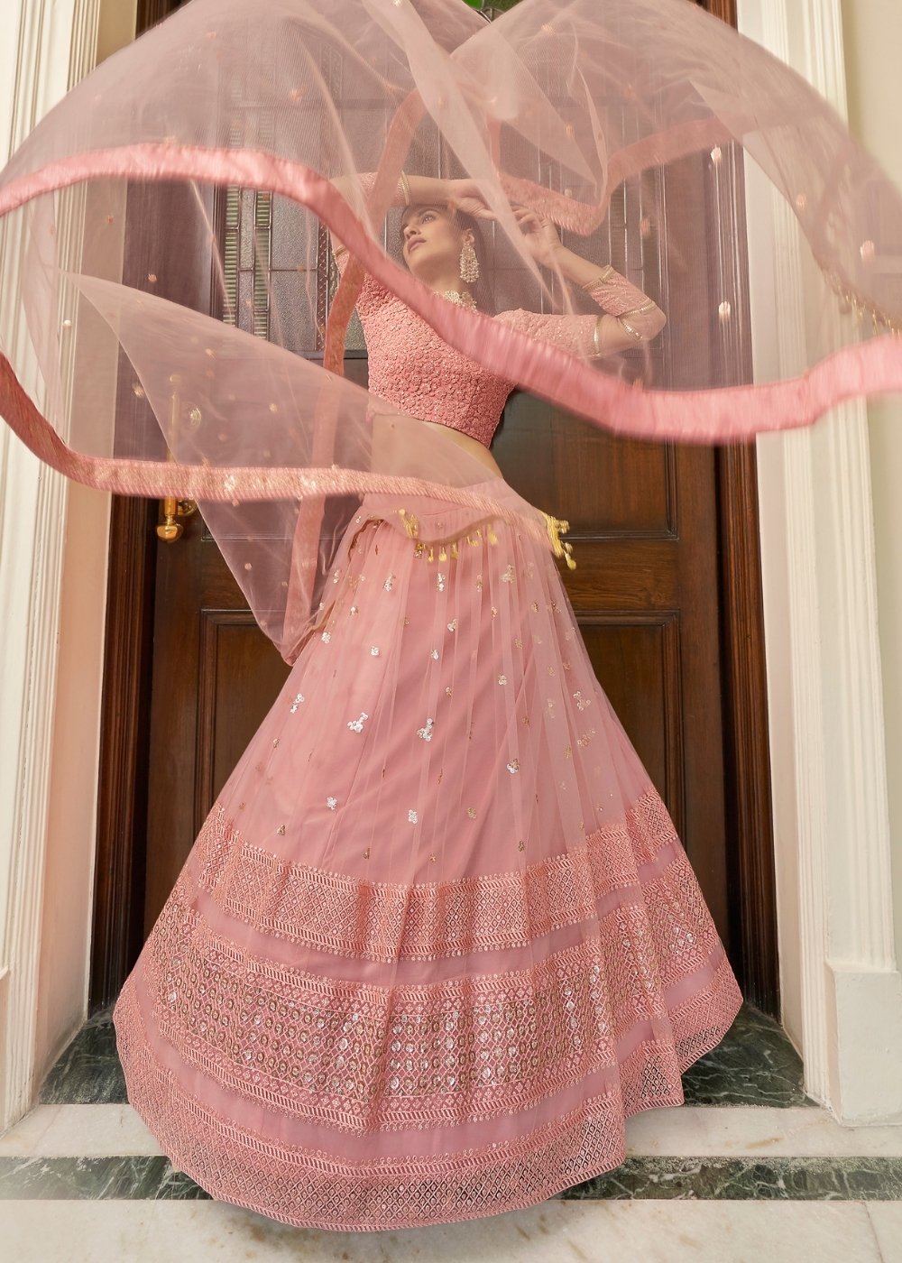 Rose Pink Soft Net Lehenga Choli with Resham, Sequins & Lace work