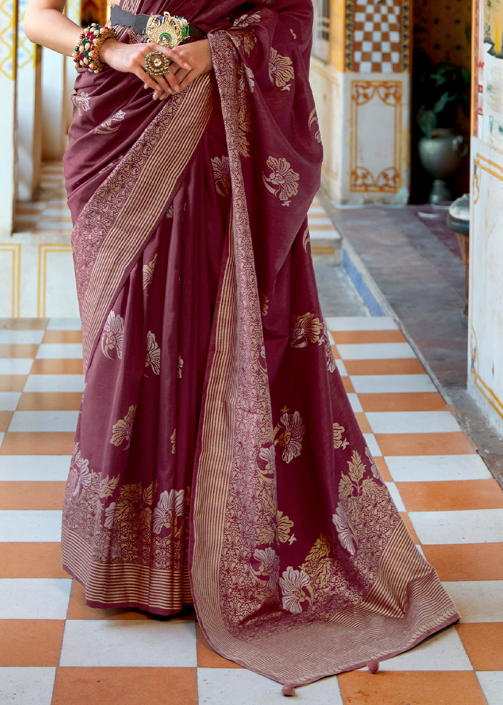 Jam Purple Zari Woven Banarasi Silk Saree