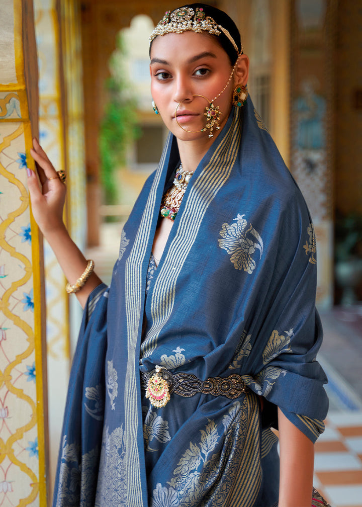 Slate Blue Zari Woven Banarasi Silk Saree