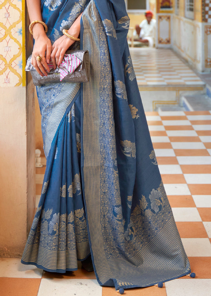 Slate Blue Zari Woven Banarasi Silk Saree