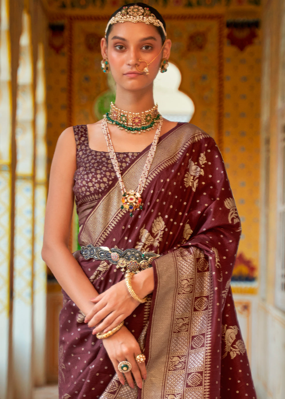 Russet Brown Zari Woven Banarasi Silk Saree