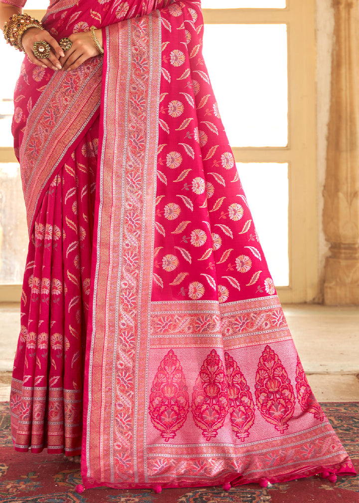 French Rose Pink Zari Woven Banarasi Silk Saree