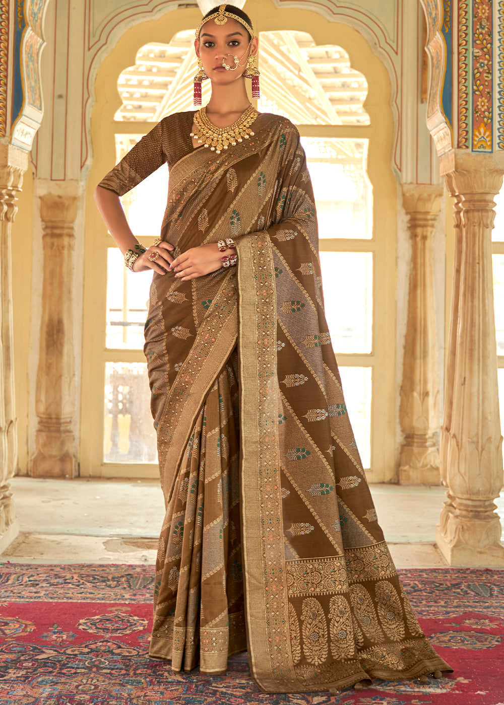 Shades Of Brown Zari Woven Banarasi Silk Saree