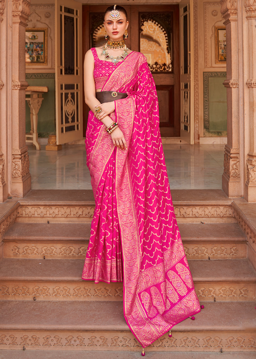 Deep Pink Zari Woven Soft Banarasi Silk Saree