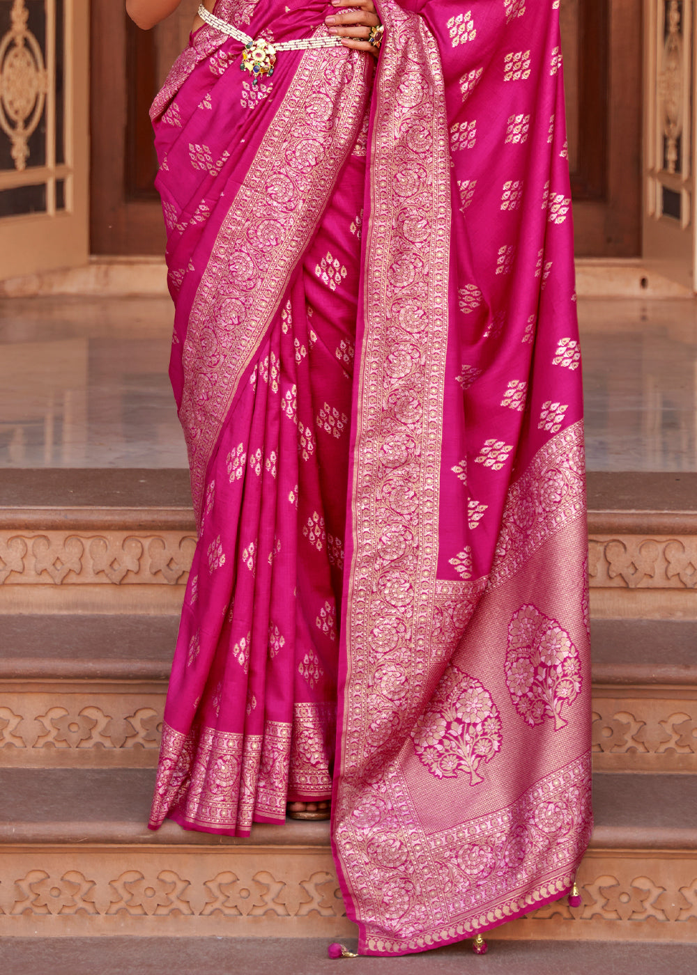 Rose Pink Zari Woven Soft Banarasi Silk Saree