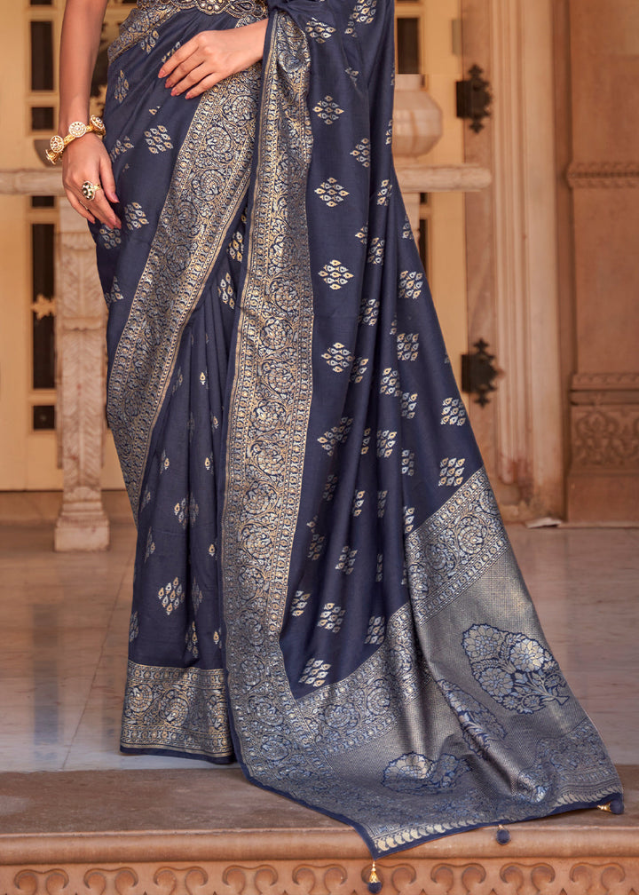 Space Blue Zari Woven Soft Banarasi Silk Saree
