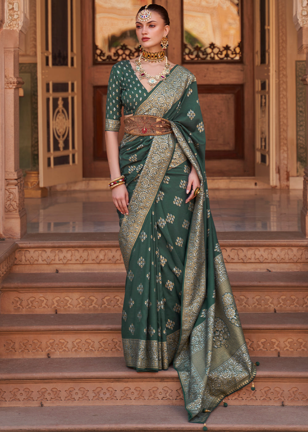 Phthalo Green Zari Woven Soft Banarasi Silk Saree