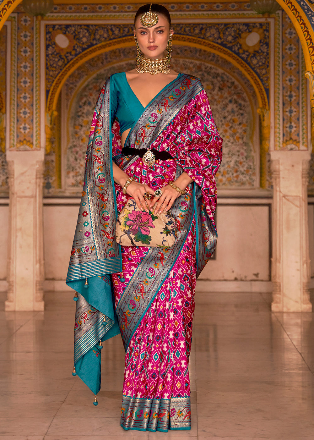 Pink & Blue Patola Printed Designer Silk Saree